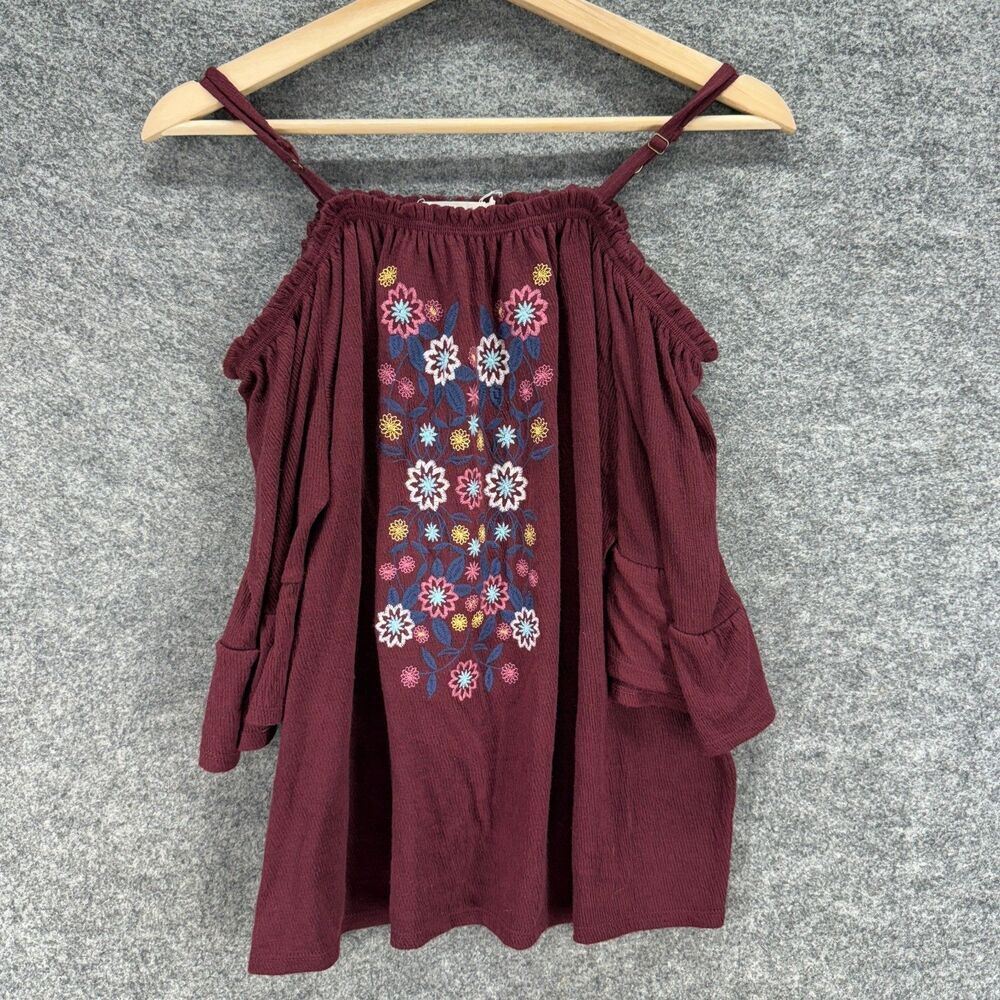 Live To Be Spoiled Blouse Women XL Red Floral Embroidered Cold Shoulder Casual